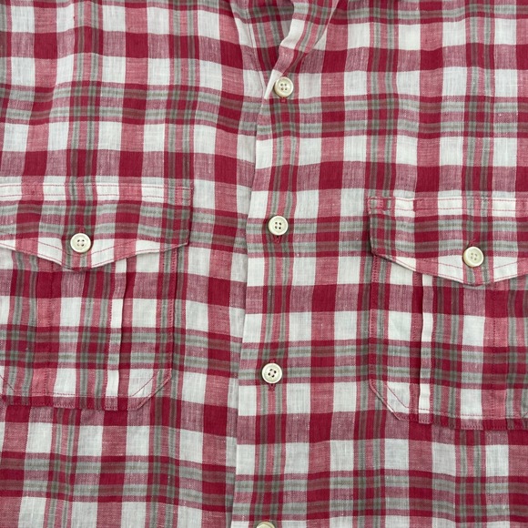 Brooks Brothers Mens L Slim Fit All Irish Linen Red Plaid Long Sleeve Shirt - Picture 3 of 6